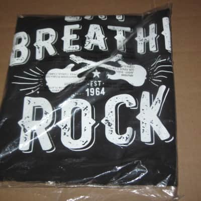 new in package A+ Guitar Center EAT BREATHE, ROCK Men's Size Large (L), Black 100% Cotton Short Sleeve T-Shirt - Graphic is in White and it says / shows: GUITAR CENTER EST. 1964, EAT, BREATHE, ROCK + has dual guitars, stars, & lines (Style # GC005-11730) image 14