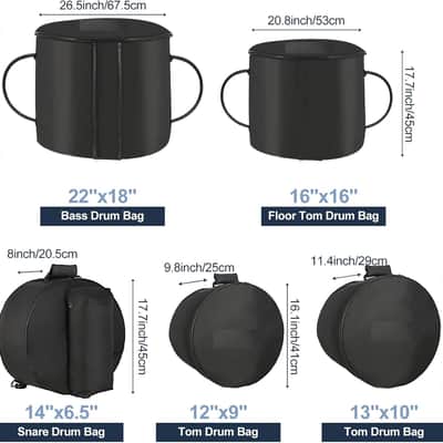 5-Piece Drum Bag Set for 14" Snare, 12" Tom, 13" Tom, 16" Floor Tom, 22" Bass Drum, Drum Cases with Carry Handles, Lightweight Drum Set Bags for Travel & Storage(5 Pieces) image 2