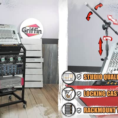 GRIFFIN Rack Mount Cart Stand & Top Mixer Platform 25U (Studio-XPRO Steel Series) – Rolling Music Booth Case Holder – Sound Stage Audio Equipment DJ Gear Display for Amplifier, Effects image 9