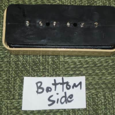 mostly very clean 1990s Gibson P-100 Soapbar pickup with Creme Cover (but can sell with black cover instead) NO mounting screws 6.3k - ideal for NECK position (2 conductor, solder connect) a P100 is a stacked humbucker that's hum-cancelling image 6