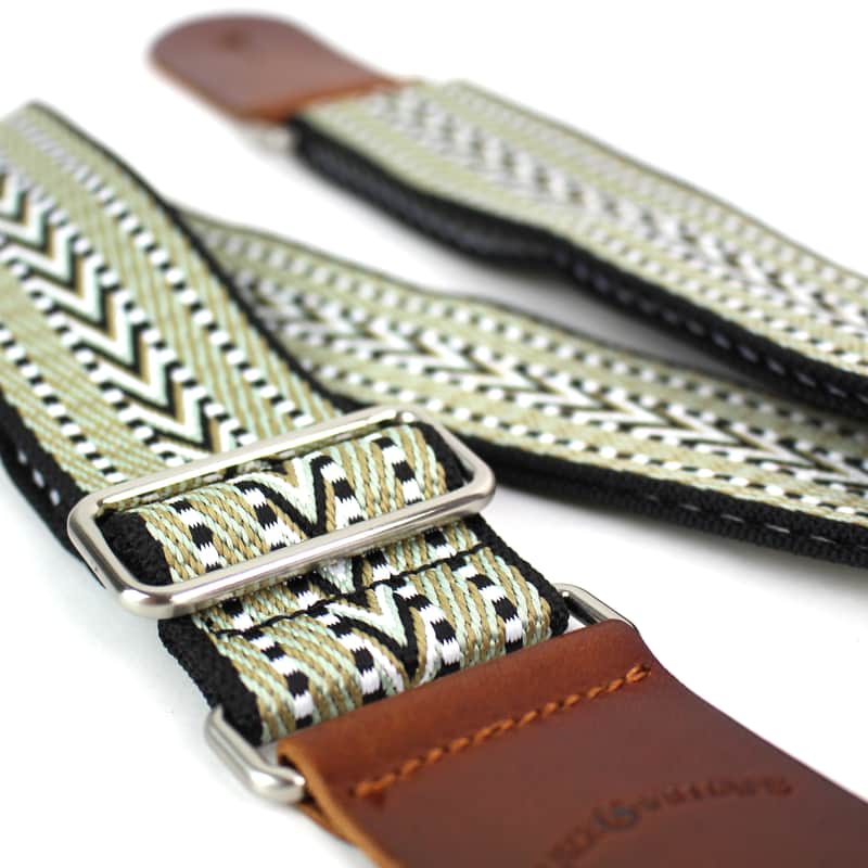Walker & Williams H-33 Vintage Series Green, Gold, & Black Woven Kaleidoscope Strap With Leather End image 1