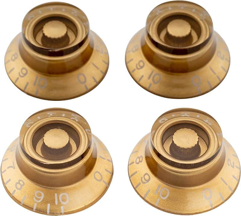 Metric Size 18 Spline Bell Top Hat Control Knobs for Epiphone Les Paul SG Electric Guitar Asia Import Guitar Bass Split Shaft Pots, Gold (Set of 4) image 1