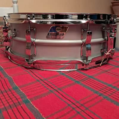 Ludwig L-404 Acrolite 5x14" 8-Lug Aluminum Snare Drum with Rounded Blue/Olive Badge 1979 - 1993 - Gray image 1
