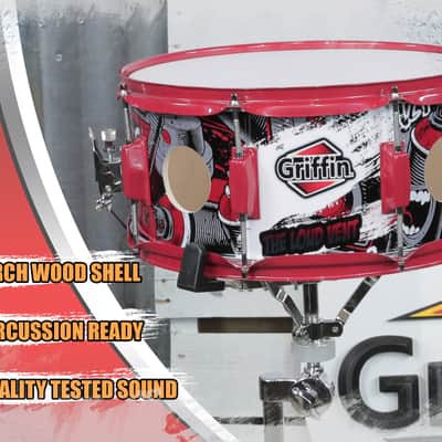 GRIFFIN 14" x 6.5" Birch Wood Snare Drum (Limited Edition) – Large 2.5" Vents, Red Hardware, Graphic Wrap – with Drum Key & 8 Metal Lugs image 7
