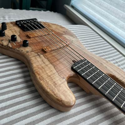 MG Bass MGBASS JB1 SPALTED MAPLE 5-string bass, Made in USA, SPALTED MAPLE top, ASH body, 3-piece MAPLE neck, EBONY fretboard, BARTOLINI pickups and preamp, Italia Leather Straps 4” wide Acorn Amber strap, GATOR hardshell case image 6