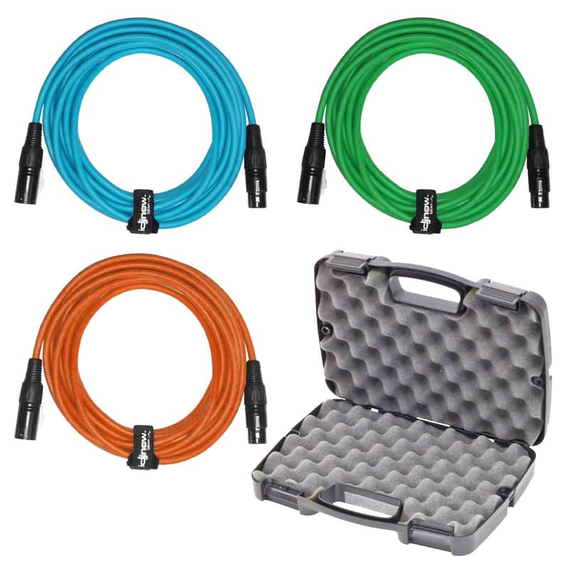 Sure-Fit 20ft Blue, Green, & Orange XLR Male to XLR Female Cables (3 Pack) + Case image 1