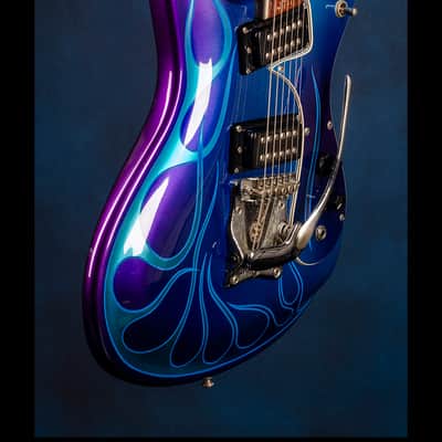 Mosrite [Vibramute Model] specially built for Mick Mars of Mötley Crüe by Semie Mosely 1991 Metallic blue/purple with flame pinstriping image 14