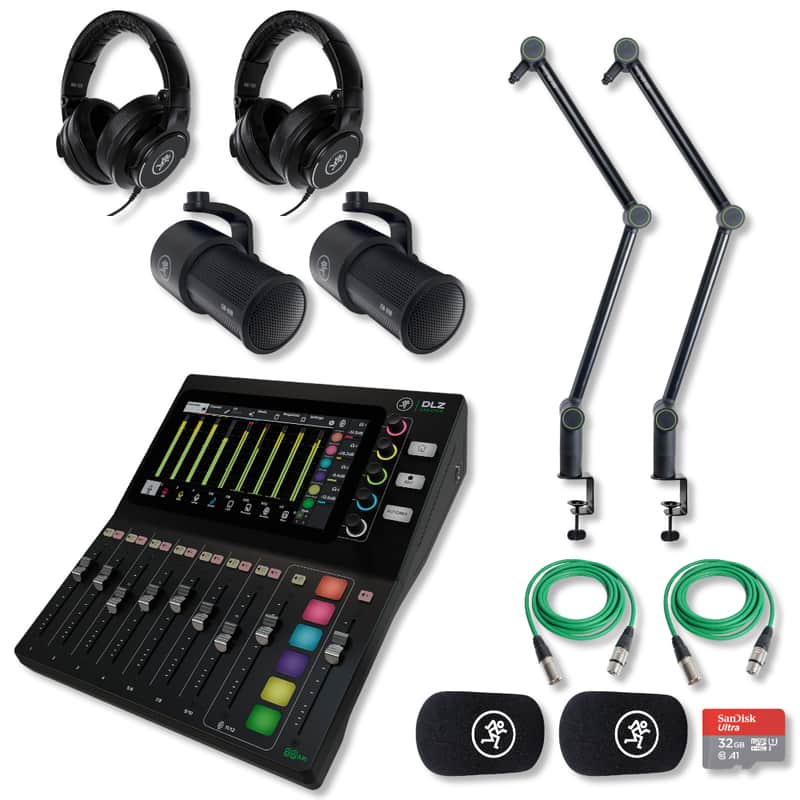 Mackie DLZ Creator Digital Mixer with 2x EM-99B Dynamic Microphones, MC-150 Professional Closed-Back Headphones, DB-200 Microphone Boom Arms, 1x microSD Card and StreamEye Cloth image 1