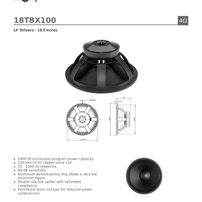 4x B&C 18TBX100-4 4-Ohm 18" Subwoofer 2400 Watts Low Frequency 35 - 1000 Hz SUB. image 8