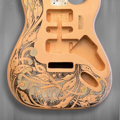 Atlantic Coral XGP Stratocaster Style Laser Engraved Guitar Body with Cherry Wood Veneer Pickguard and Tremolo Cover HSH, HSS, SSS Setups Available image 7