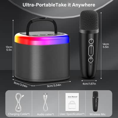 Mini Karaoke Machine for Kids - Black Bluetooth Speaker Unpowered Cabinets with Party Lights and 1 Wireless Microphone, Great for Adults, Ideal for Family Home Parties and Birthday Gifts image 2