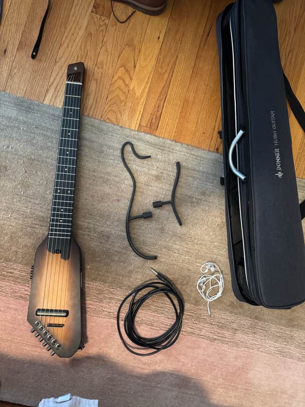 Donner HUSH C Acoustic-Electric Nylon String Classical Guitar– Ultra-Lightweight Travel Guitar with Built-In Tuner, HPS-II Preamp, Headphone Jack & Quick-Release Stand – Sunburst image 1