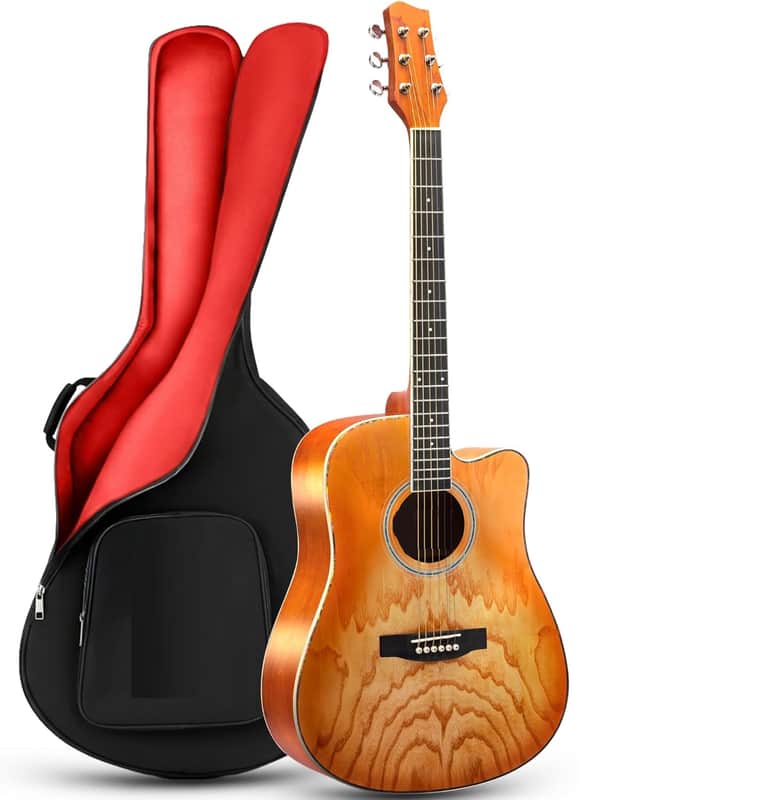 Steel String Acoustic Guitar Kit, 41" Full Size Cutaway with Ashtree Top, Open Pore Finish, Premium Accessory Set with Armored Gig Bag, Burst Matte image 1