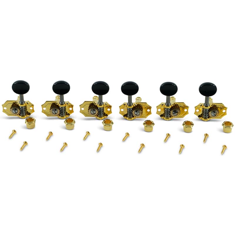 Kluson 3 Per Side Prestige Series Vertical Mount Open Bronze Gear Tuning Machines Gold w/ Black Pl image 1