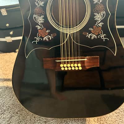Black 12-String Acoustic Guitar w/ Floral Pickguard & Hard Case image 4