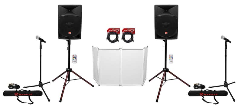 2) Rockville RPG15 15" Powered 1000w DJ PA Speakers+LED Stands+Facade+(2) Mics image 1