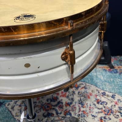 Leedy - 14x5" 8-Lug Multi-Model Snare Drum - White Lacquered Brass with Gold Hardware. 1920s image 6