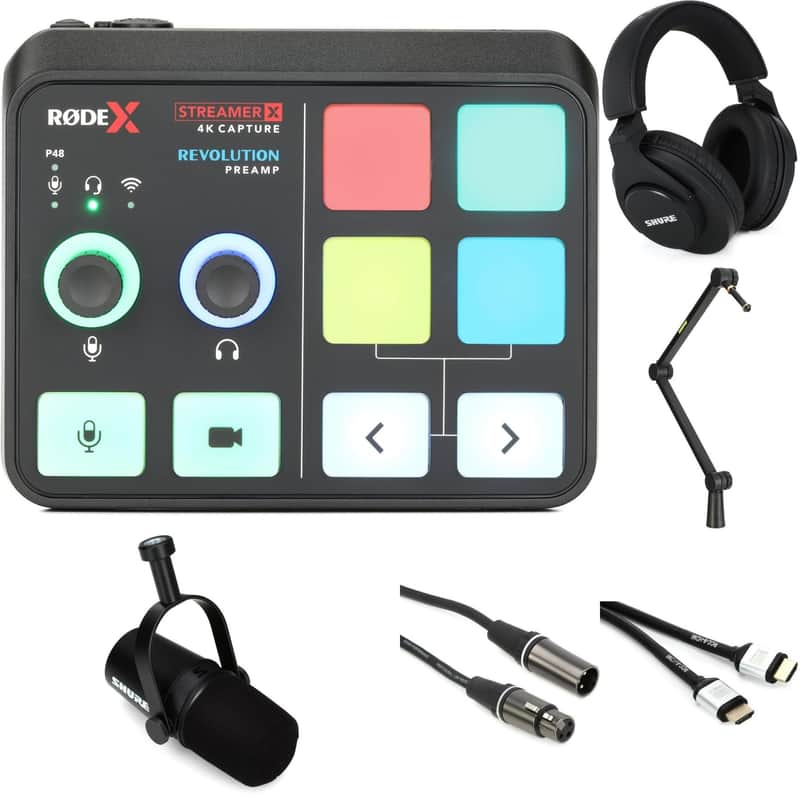 Rode Streamer X Audio Interface and Video Capture Card with Shure MV7X Dynamic Broadcast Microphone and Headphones Bundl image 1