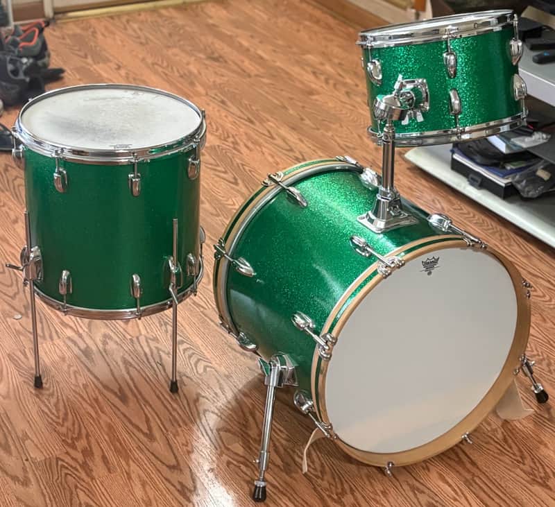 Vintage  Slingerland/Rogers Drum set 12" 14" 18" 1960s Green Sparkle Re-Wrap Kit image 1