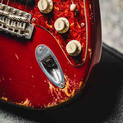Luxxtone Choppa S Heavy Aging HSS-Candy Apple Red w/Tortoise Pickguard & 1-Piece Roasted Flame Maple Neck image 3