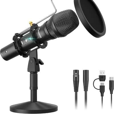 USB/XLR Podcast Dynamic Microphone, Studio Mic Kit with Volume Control, Shock Mount, Pop Filter, Ideal for Vocal, Instruments Recording, Voice Over, Live Streaming image 1