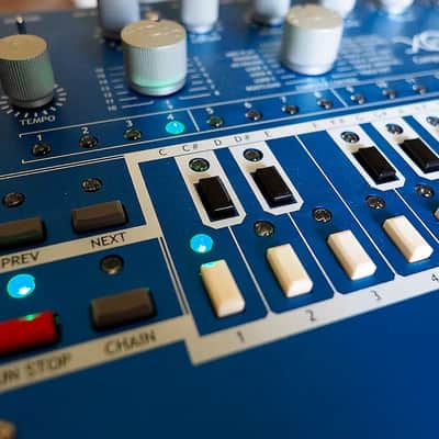 Custom x0xb0x by Andy Pledger. Blue metal with green LEDs. TB-303 style analog synthesizer sequencer image 6