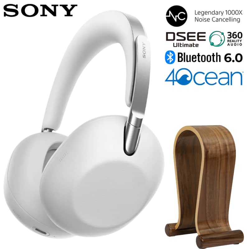 Sony 1000X THE COLLEXION Wireless Headphones, Platinum / Deco Essentials Wood Stand image 1