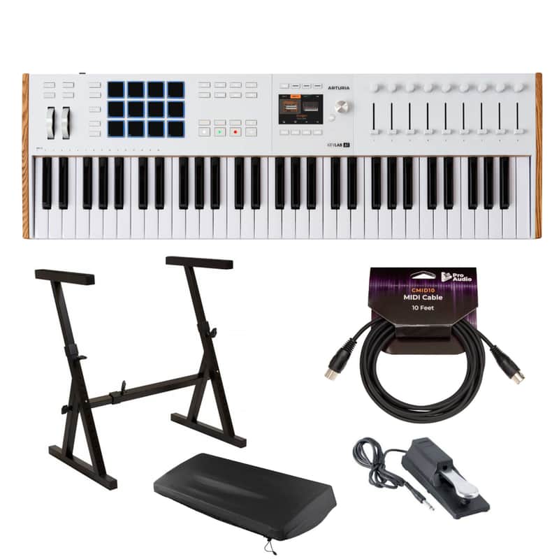 Arturia KeyLab Mk3 61 Keyboard MIDI Controller with DAW Integration and Enhanced Keybed (White) Bundle with Adjustable Z-Stand, Piano Style Sustain Pedal, Dust Cover, and 10 Feet MIDI Cable (5 Items) image 1