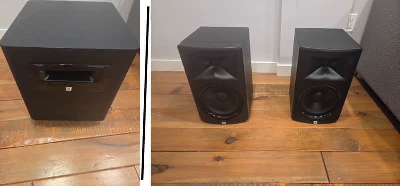 JBL LSR308 8 Inch Powered Studio Monitor Pair and JBL LSR310S 10 Inch Powered Studio Subwoofer image 1