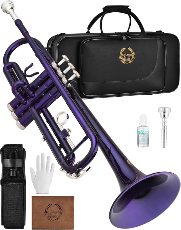 Bb Trumpet for Beginners, Brass Student Trumpet Kit with Case, 7C Mouthpiece, Cleaning Kit, Standard B Flat Instrument - Purple image 1