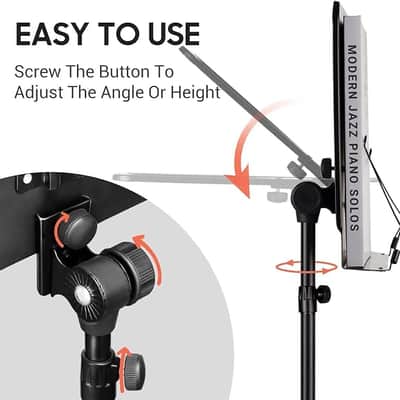 5 in 1 Dual-use Sheet Music Stand & Desktop Book Stand Metal Portable Solid Back Height Adjustable from 31.4-57in with Book Stand Support, Carrying Bag, Sheet Music Folder and Clip image 5