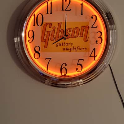 1950's Style Gibson Guitars Orange Neon Wall Clock Killer Cool Man Cave, Bar, Garage Item