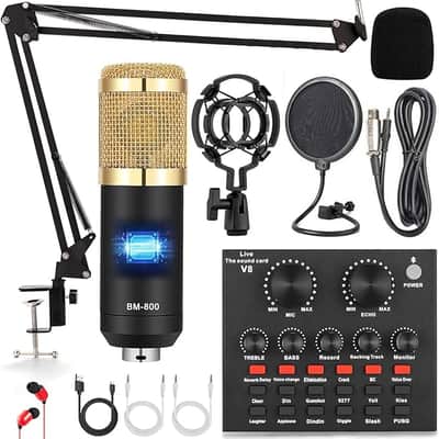Podcast Equipment Bundle, Audio Interface with Voice Changer and BM800 Condenser Microphone, Audio Mixer Perfect for Recording, Broadcasting, Live Streaming image 1