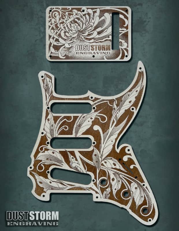 Engraved Cherry Wood Pickguard & Free Tremolo Cover Design #3 for Fender Stratocaster SSS, HSS, HSH Setups Available image 1