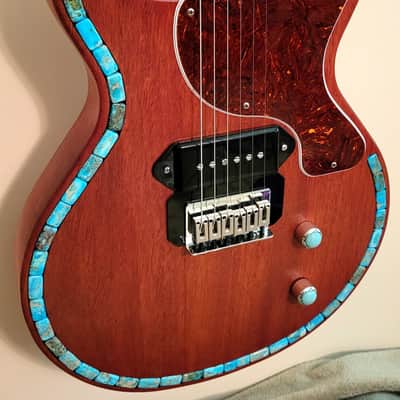 CUSTOM DESIGNED & CRAFTED LES PAUL JR. STYLE RED MAHOGANY AQUA IMPRESSION JASPER STONES - SERIAL #077 2025 image 2