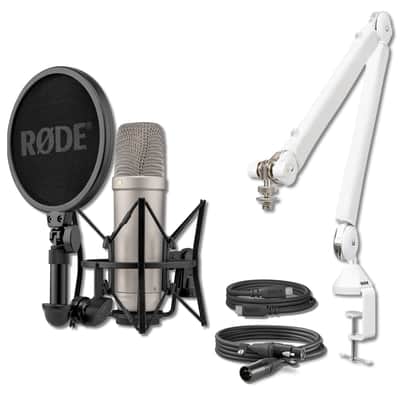 Rode NT1 5th Generation Condenser Microphone (Silver) with Rode PSA1+ White Desk-Mounted Broadcast Microphone Boom Arm image 1