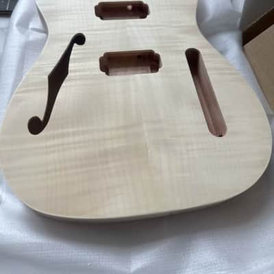 HH Mahogany Wood Guitar Tele Style Body, Tiger Veneer Maple Top, F Hole image 4