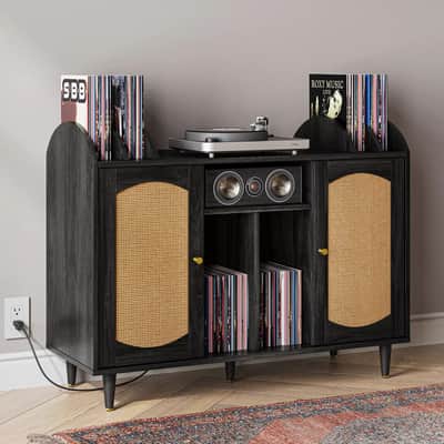 Record Player Stand & Vinyl Storage Cabinet – Mid-Century Modern Design, Brown with Wicker Rattan Doors image 1