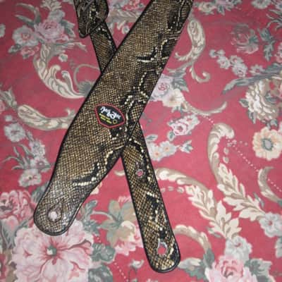 lite use RockYou (Rock You) PU Faux Leather Snakeskin Pattern Guitar Strap (front: brown, tan, black pattern) (back: black) reversible - main part of strap 2 & 3/4" wide, belt part 1 & 1/4" wide [polyurethane leather] Adjustable Length from 44" to 53" image 2