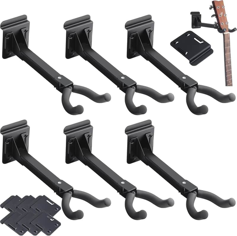 6 Pcs Guitar Hanger Wall Mount Guitar Hangers Hooks Holders with Slat Adapter 180° Adjustable Black Hook Stand Wall Mount for Acoustic Electric Bass image 1