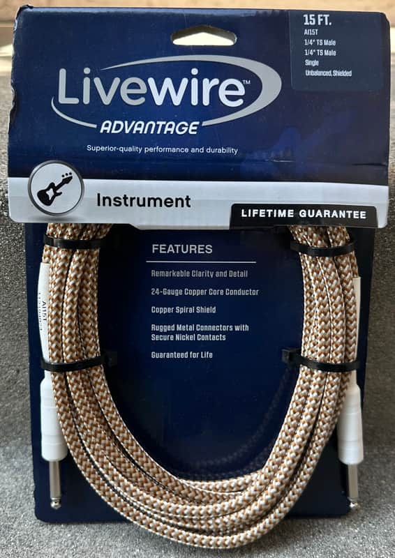 Livewire Advantage 15ft Instrument Cable – 1/4" TS Male to Male Shielded Tweed image 1