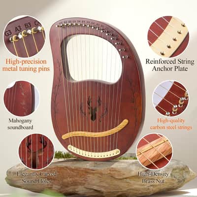 Lyre Harp, 16-String Mahogany Lyra Harp Kit, Stringed Musical Instruments with Tuning Wrench Bag Instructions Extra Strings for Beginners Adults imagen 3