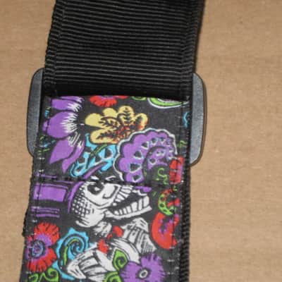 lightly used Perri's 2" Floral Skulls Jacquard Guitar Strap, TWS-7274, Floral Skulls High Quality Jacquard Ribbon Sewn on Tubular Webbing with Leather Ends, Adjustable length 39" to 58" (from early 2020s) image 24