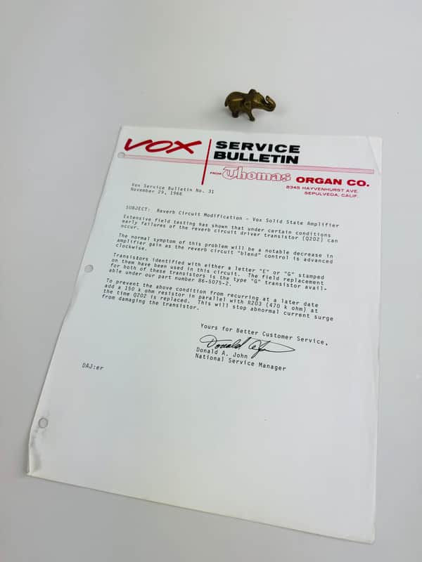 Vox Service Bulletin No. 31 – Reverb Circuit Modification 1966 image 1