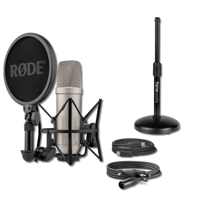 Rode NT1 5th Generation Condenser Microphone (Silver) with GFW-MIC-0501 Round Base Desktop Mic Stand image 1