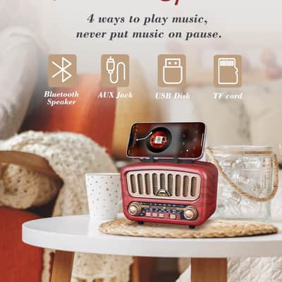 Vintage Retro AM FM SW Radio Bluetooth 5.0 Speaker USB TF AUX w/ Phone Stand image 3