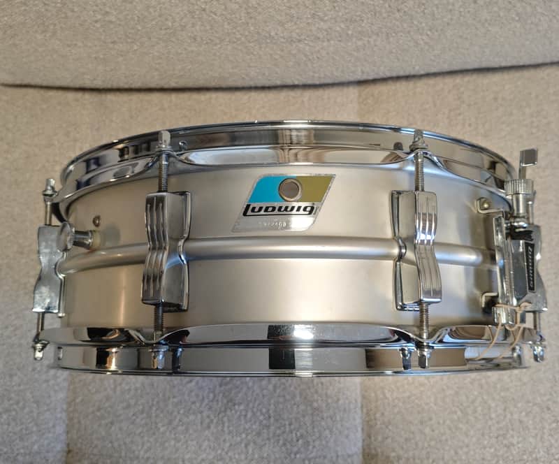 Ludwig No. 404 Acrolite 5x14" 8-Lug Aluminum Snare Drum with Pointed Blue/Olive Badge 1969 - 1979 - Matte Aluminum image 1