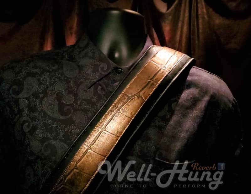 Well-Hung "Lust for Lustre" - 3" wide padded black leather comfort strap with gold reptile image 1
