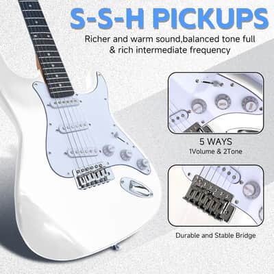 39in Full Size Beginner Electric Guitar Starter Kit w/Case, Strap, 20W Amp, Strings, Pick, Tremolo Bar (White Guitar) image 3