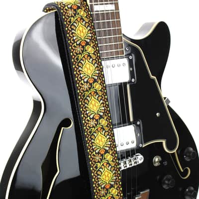 Walker & Williams H-03-MET Vintage Series Yellow & Orange Mandala Woven Guitar Strap with Chrome Har image 2